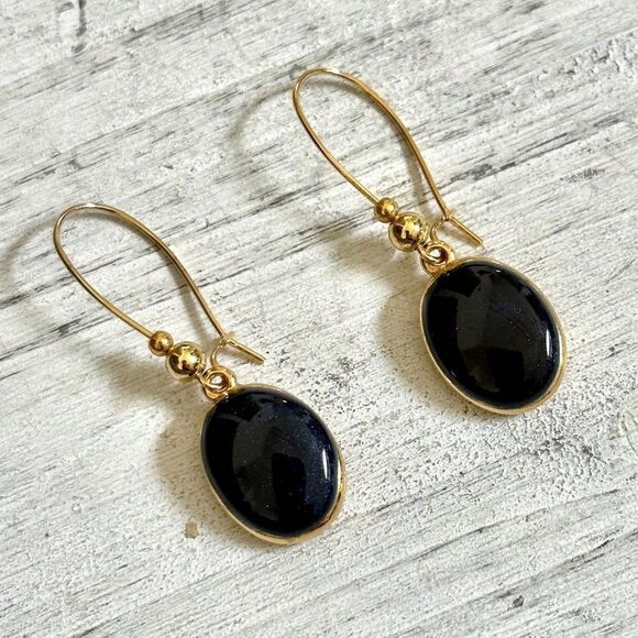 Gold tone blue/green drop earrings - Picture 1 of 8